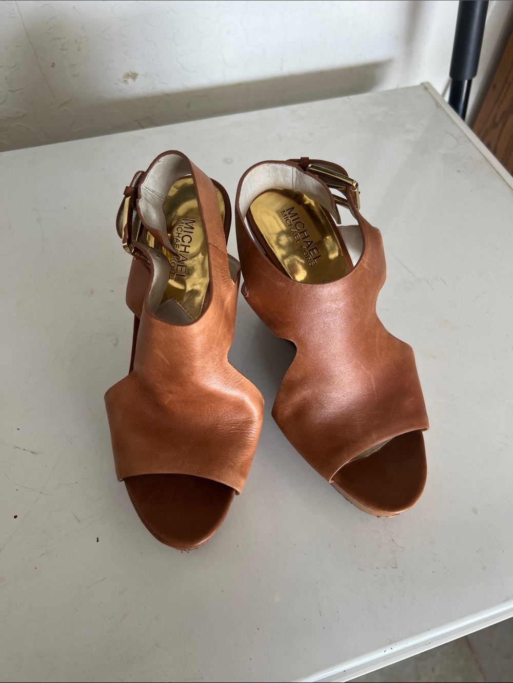 MICHAEL Michael Kors Tan Leather Wedge Sandals